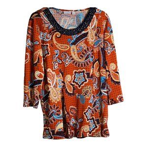 Kim Rogers Jeweled Neck 3/4 Sleeve Top Size L